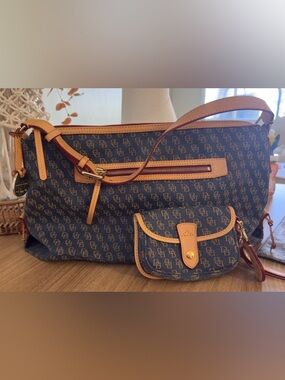 Dooney & Bourke Blue Signature Canvas Shoulder Bag with Tan Trim
